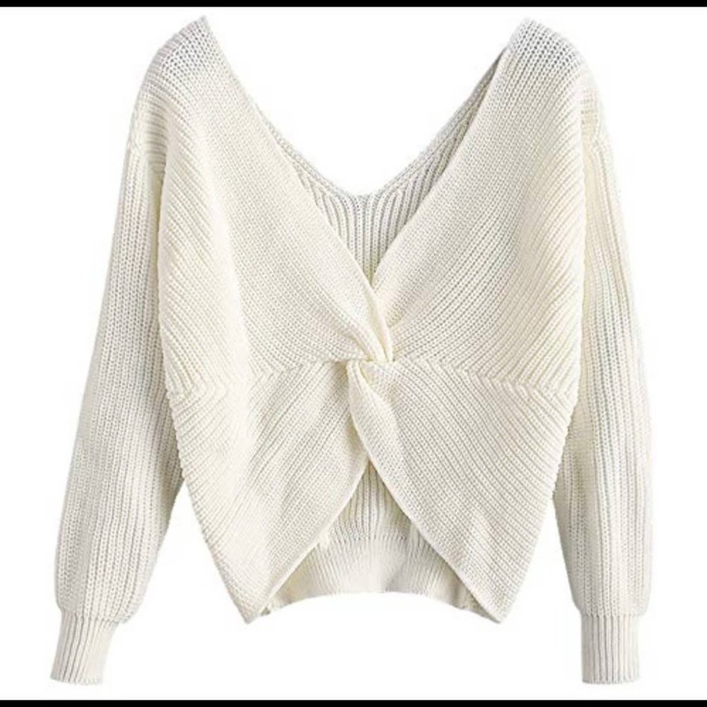 Zaful White V-Neck Criss Cross Pullover Long Sleeve Knit Sweater Size 8